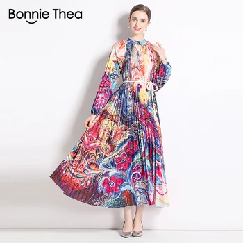 Макси-платье Bonnie Thea, Осеннее Элегантное плиссированное платье с принтом, Женское Свободное платье с длинным рукавом Большого размера, винтажные вечерние платья