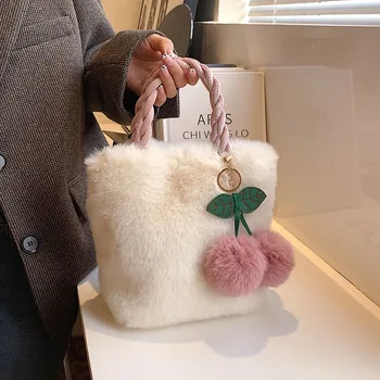 Милая Пушистая сумка в японском и корейском стиле, Новый стиль, Милая Вишневая подвеска, Пушистая сумка-ведро, сумка-мессенджер на одно плечо, сумка для хранения