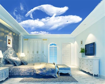 Модные обои beibehang, голубое небо, белые облака, голубые киты, небо, фон потолка, стены, бумага для рисования, 3D обои