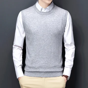 Мужской свитер-жилет с круглым вырезом, деловой повседневный приталенный вариант, черный вязаный жилет без рукавов с подсветкой, мужской бренд