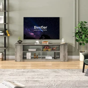 Мультимедийная подставка для телевизора Bestier 55 дюймов, 3-ярусный консольный столик с 8 отдельными регулируемыми ячейками для хранения, Серая мебель для гостиной