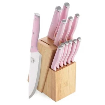 Набор ножей для столовых приборов из нержавеющей стали, 13 предметов с блоком для ножей, розовый