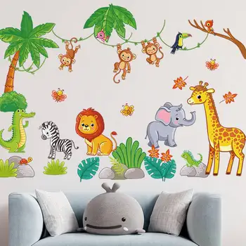 Наклейки на стену с животными, большие наклейки с лесом, декор для детской комнаты, джунгли