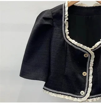 Новая женская короткая блузка с квадратной горловиной 2023, осенняя куртка с деревянными ушками, короткий рукав, Темпераментный Твид