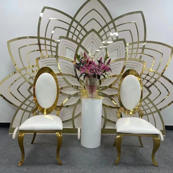 Оптовый штабелирующий банкетный свадебный кожаный обеденный золотой серебряный стул с круглой спинкой из нержавеющей стали