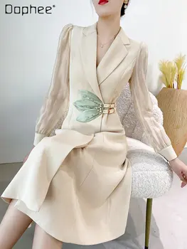 Оригинальное 2023, ранняя весна, Высококачественное роскошное платье Миди, Светская львица, Французские офисные женские платья с высокой талией, деловой костюм для женщин
