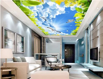 Пользовательские 3D потолочные фрески, обои для домашнего декора, небо, облака, голуби, зеленые листья, 3d настенные фрески, обои для гостиной
