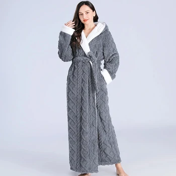 Свободный Длинный толстый банный халат с капюшоном, Зимний Толстый женский халат, Фланелевый Махровый Теплый Удобный Пижамный халат для женщин