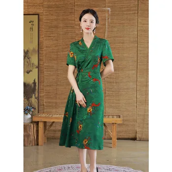 Сексуальное атласное платье Ципао с V-образным вырезом и коротким рукавом, традиционный китайский женский чонсам