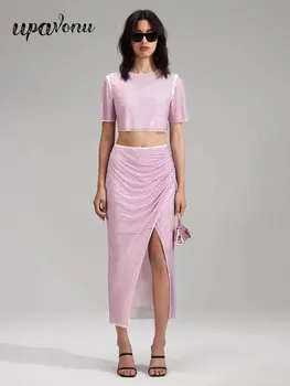 Сексуальные женские комплекты юбок средней длины с розовыми стразами, Модный Женский Пуловер с длинными рукавами, Короткий топ и юбка с разрезом, комплект из двух предметов