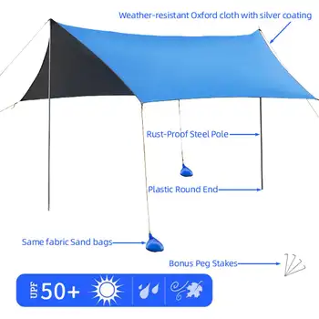 Семейное Портативное Солнцезащитное Укрытие Пляжная Палатка Навес 10 'x 10' UPF50 + синий