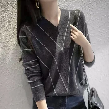 стиль Западный полосатый вязаный шерстяной женский осенне-зимний свободный пуловер с V-образным вырезом, тонкий короткий базовый кашемировый свитер