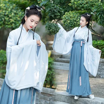 Традиционная китайская одежда династии Вэй Цзинь для женщин, национальная синяя юбка Ханьфу с воротником, топ, Народные сценические костюмы для косплея