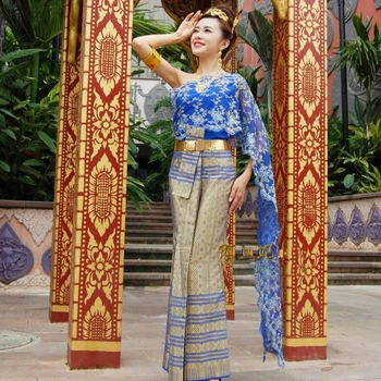 Традиционная Тайская одежда, Женские Сапфирово-синие топы без рукавов на одно плечо, Приветственное платье, Костюм Сонгкран, Одежда Таиланда