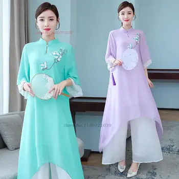 традиционный китайский винтажный набор 2023 года, улучшенный чайный сервиз, шифоновая блузка с национальным цветочным принтом hanfu + брюки, комплект в стиле ретро, народный набор