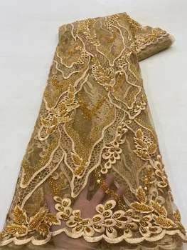 Тюлевое кружево с золотыми блестками, Африканская Кружевная ткань 2023, Высококачественные французские кружевные ткани с бисером, 5 ярдов для Нигерийского свадебного платья