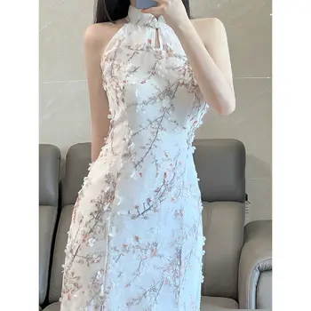 Улучшенное платье Ципао без рукавов с бретелькой на шее в китайском стиле, Тонкое Облегающее Платье, Элегантная сексуальная летняя одежда для вечеринок
