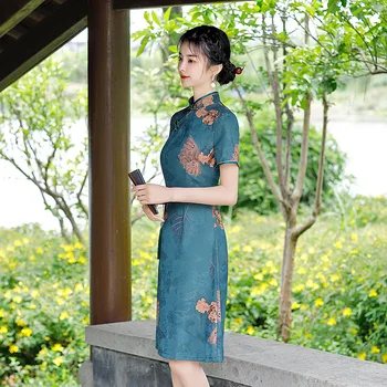 Шифоновое Улучшенное Платье Чонсам Лето 2023 Темперамент Современное Элегантное Вечернее Платье Ципао средней длины в Китайском Стиле для Женщин